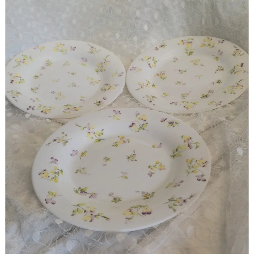 Martha Stewart Everyday France Yellow Purple Pansy Glass Salad Plates Set of 3